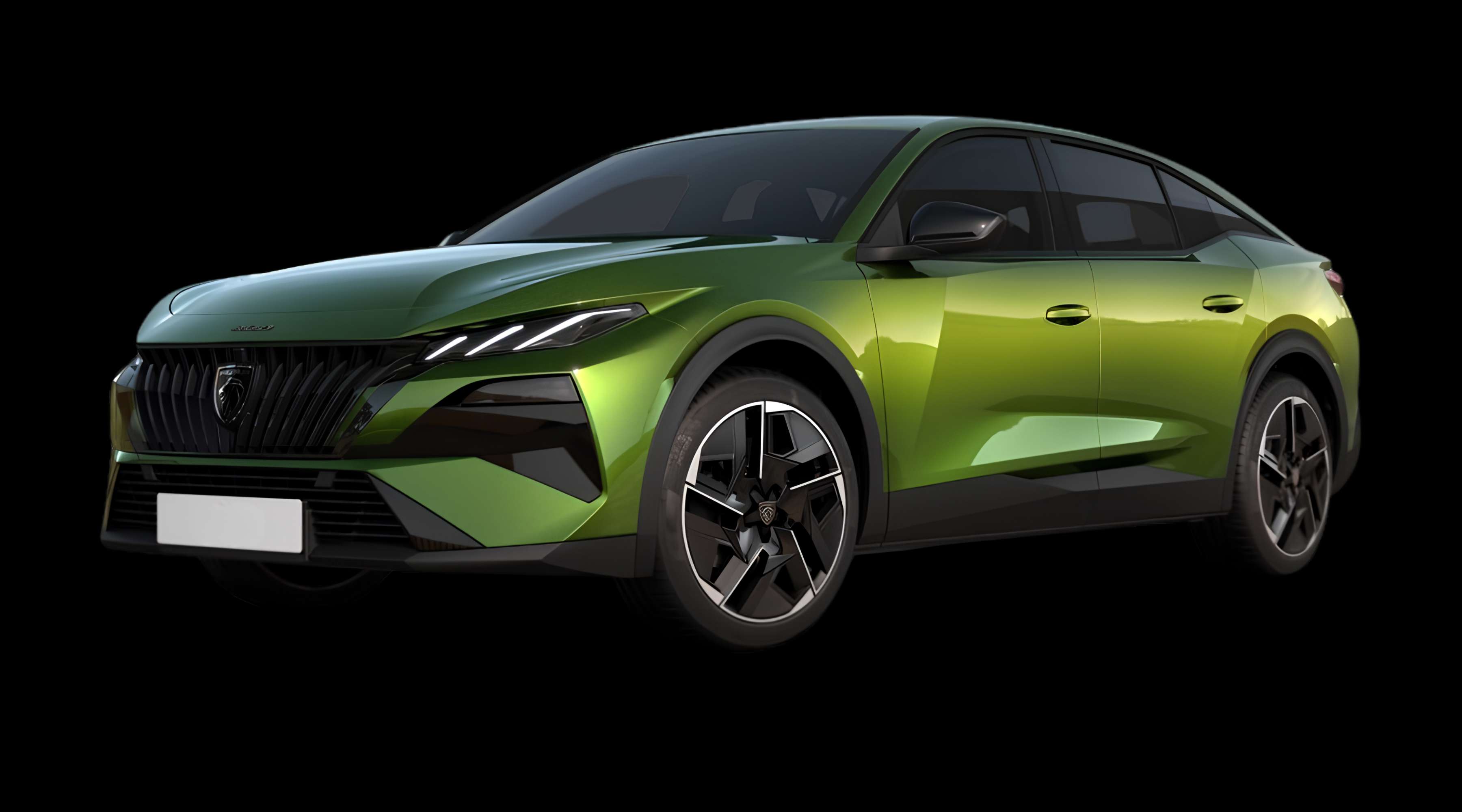 Schräge Frontansicht eines Peugeot e-408, freigestellt
