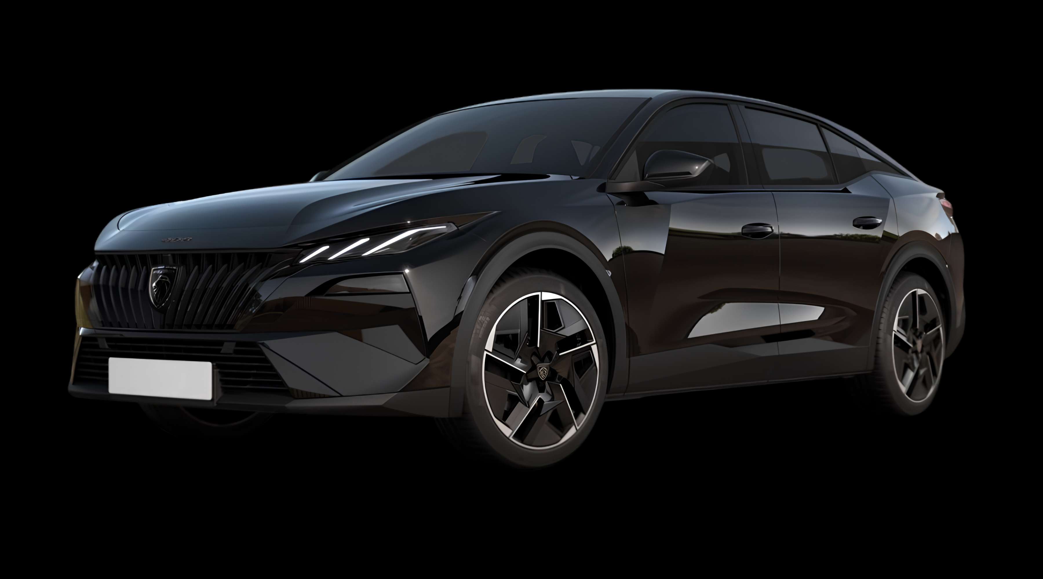 Schräge Frontansicht eines Peugeot e-408, freigestellt