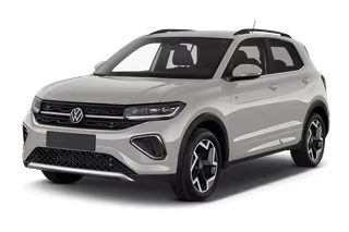 Schräge Frontansicht auf einen Volkswagen T-Cross Style, freigestellt