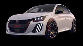Schräge Frontansicht auf einen Peugeot e-208 GTi, freigestellt