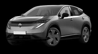 Schräge Frontansicht auf einen Nissan Ariya Evolve Pack, freigestellt