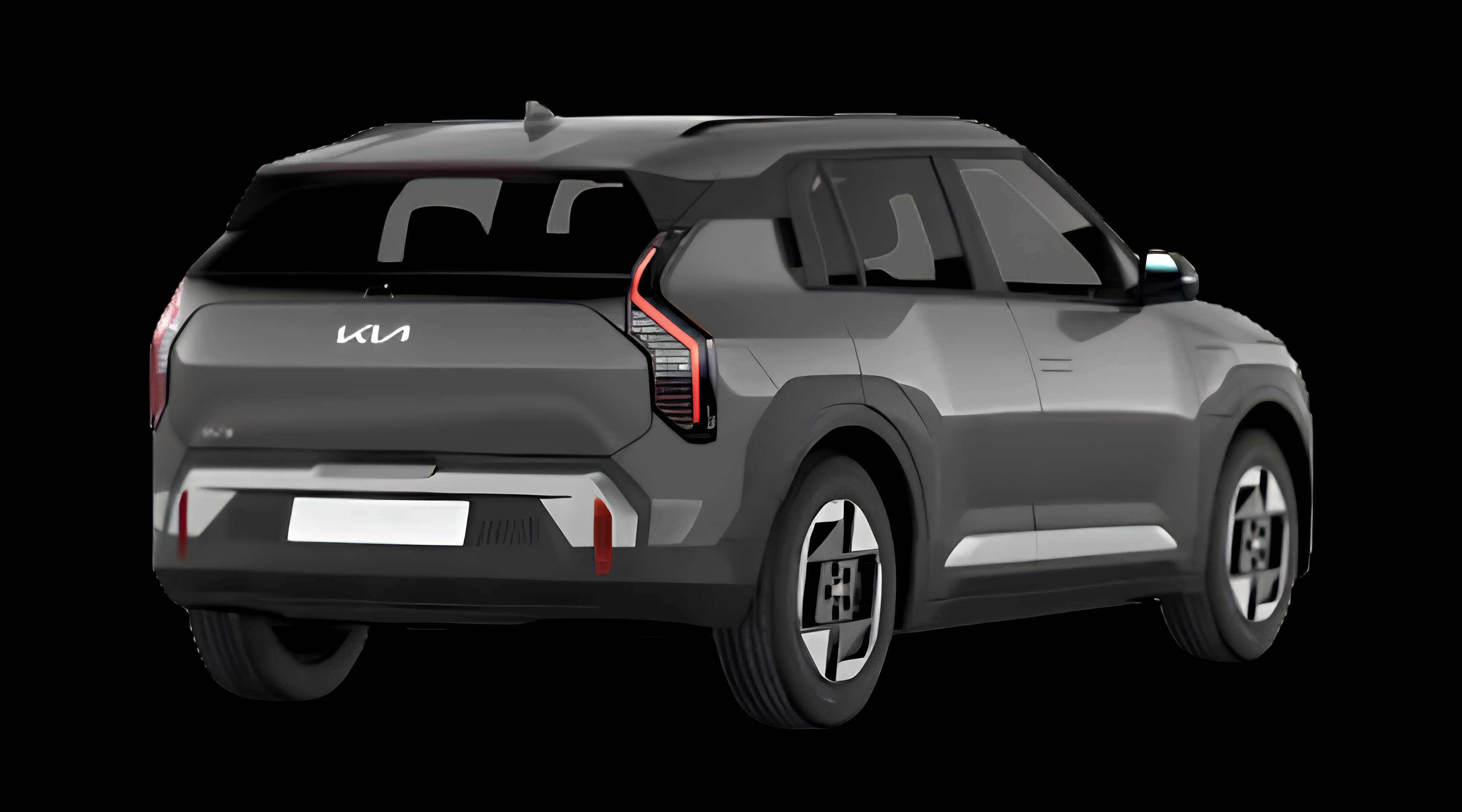 Schräge Heckansicht eines Kia EV3, freigestellt