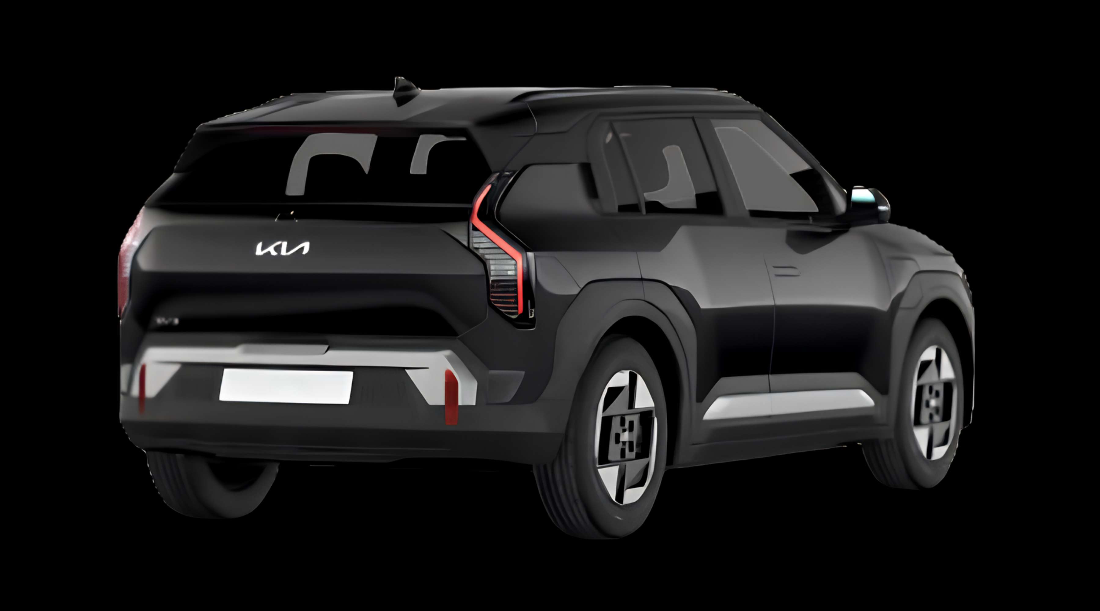 Schräge Heckansicht eines Kia EV3, freigestellt