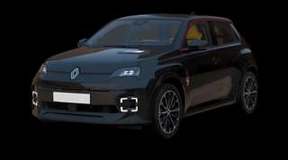 Schräge Frontansicht auf einen Renault 5 E-TECH Techno, freigestellt