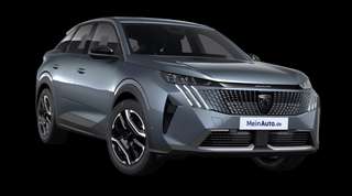 Schräge Frontansicht auf einen Peugeot e-3008 Allure Business, freigestellt