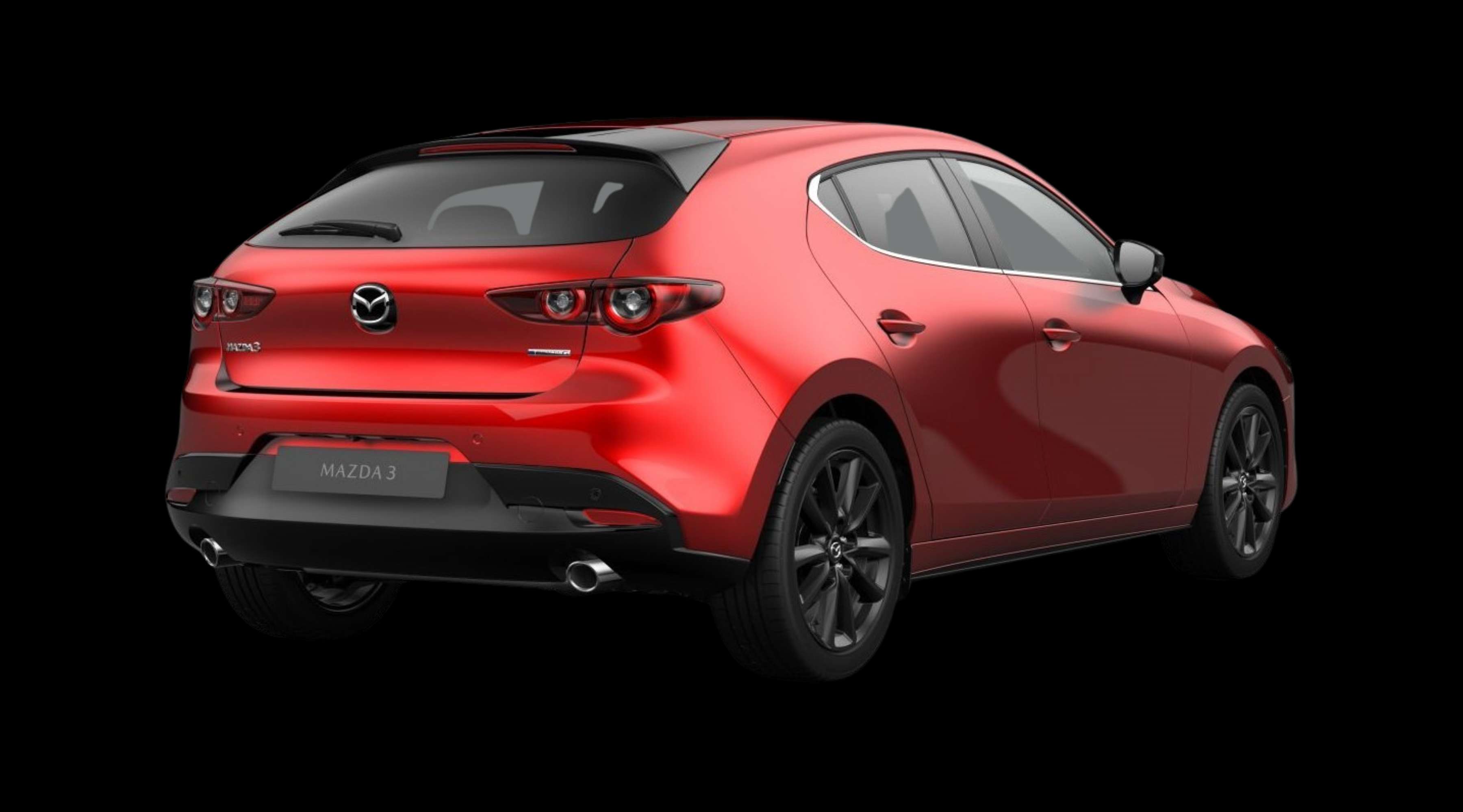 Schräge Heckansicht eines Mazda Mazda3, freigestellt