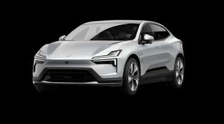 Schräge Frontansicht auf einen Polestar 4 coupé Prime, freigestellt