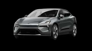 Schräge Frontansicht auf einen Polestar 4 coupé Prime, freigestellt