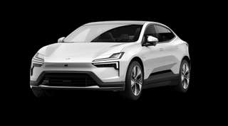 Schräge Frontansicht auf einen Polestar 4 coupé Prime, freigestellt