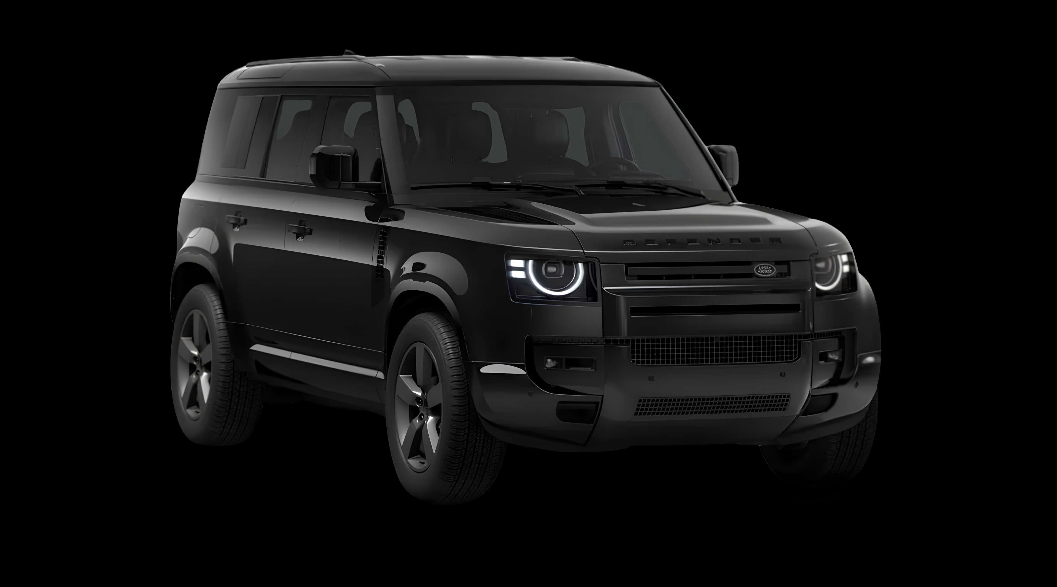 Schräge Frontansicht eines Land Rover Defender, freigestellt