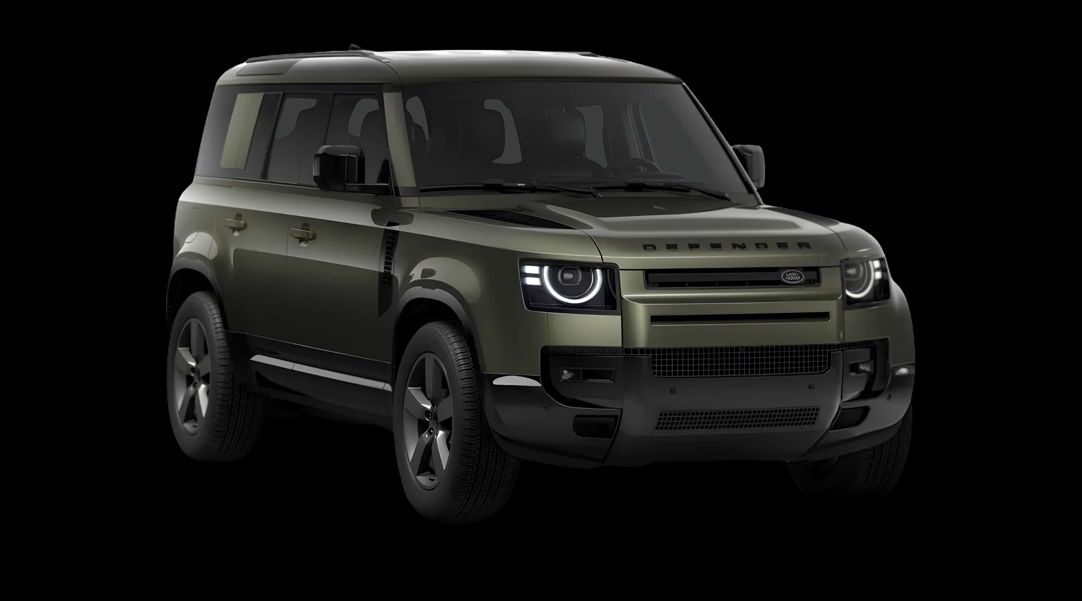 Schräge Frontansicht eines Land Rover Defender, freigestellt