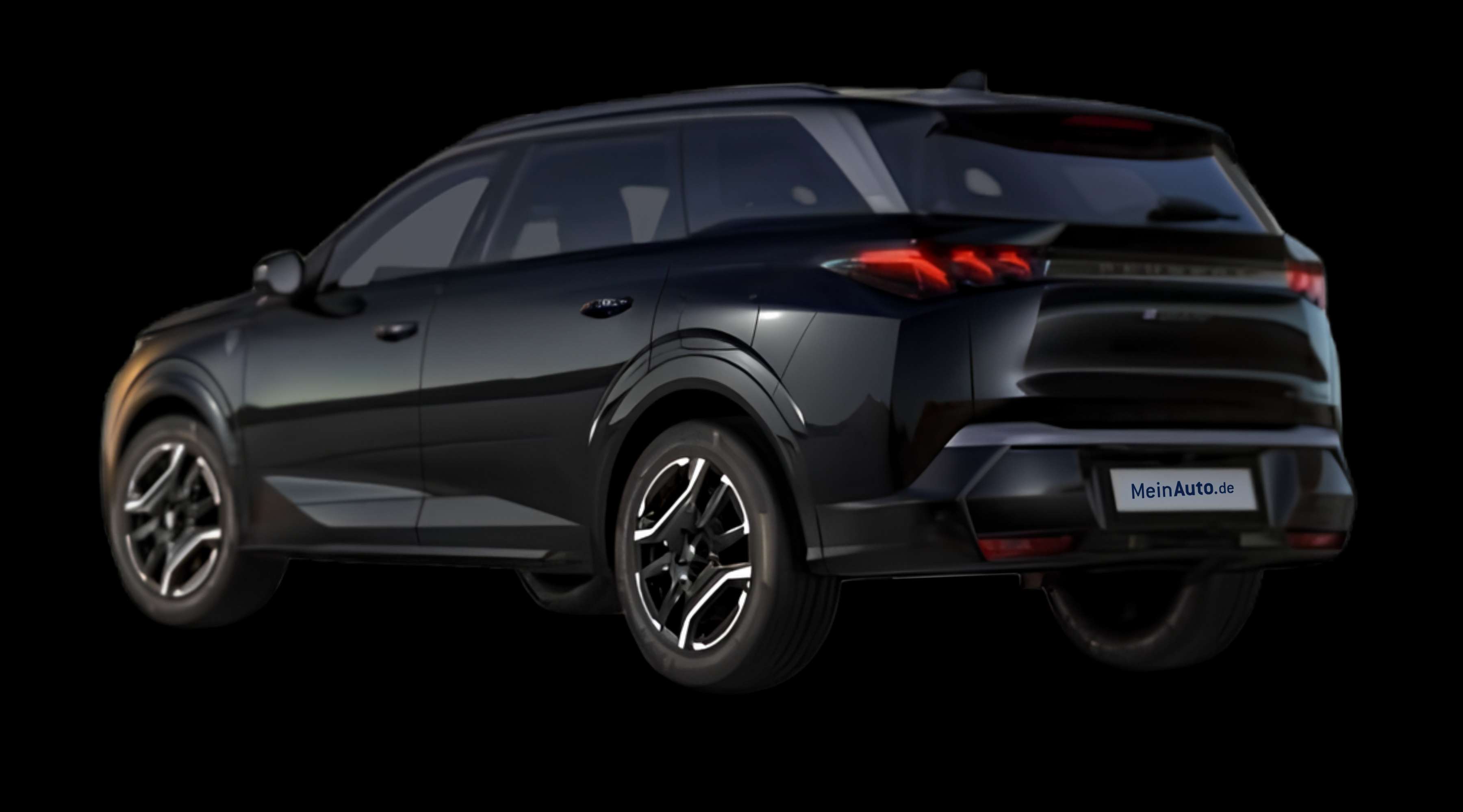 Schräge Heckansicht eines Peugeot e-5008, freigestellt