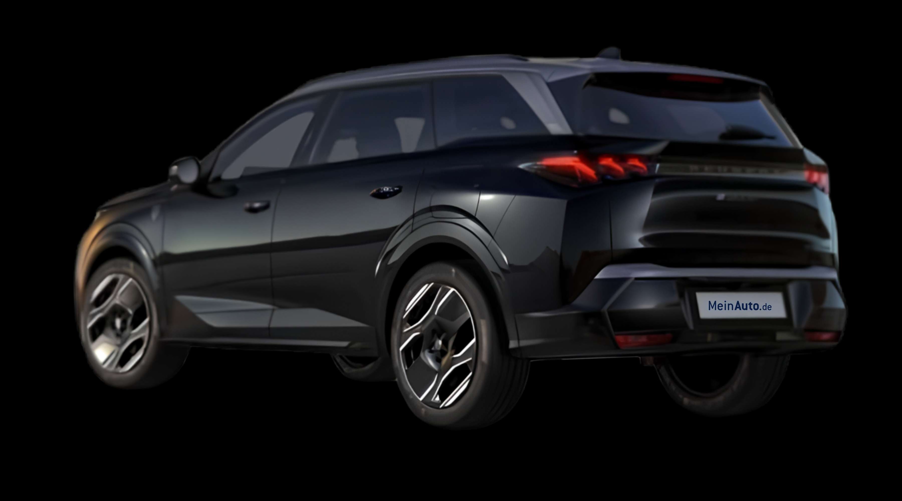 Schräge Heckansicht eines Peugeot e-5008, freigestellt
