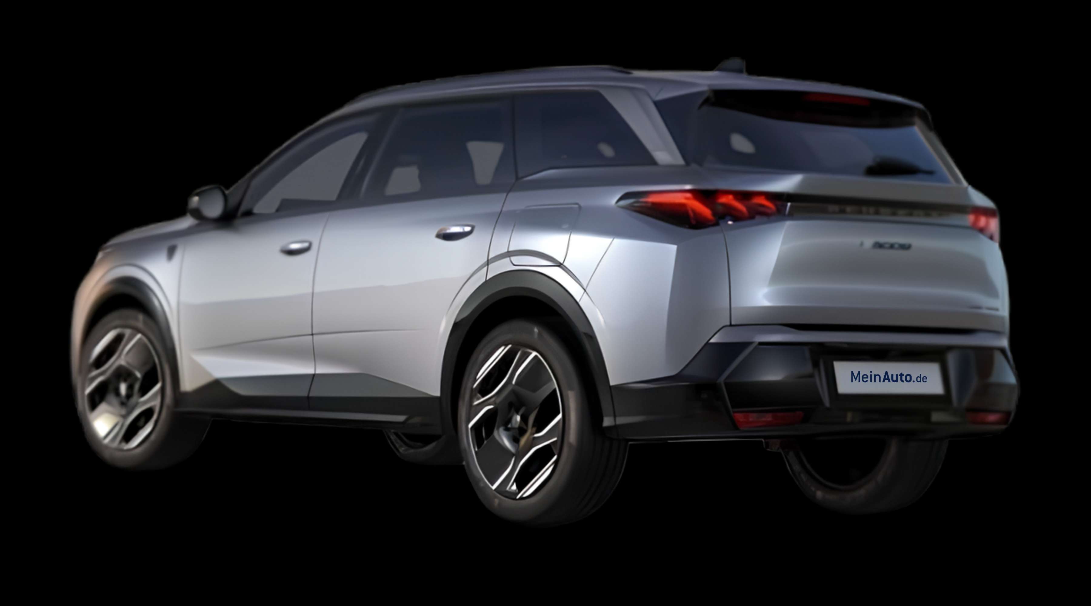 Schräge Heckansicht eines Peugeot e-5008, freigestellt