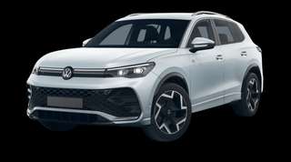 Schräge Frontansicht auf einen Volkswagen Tiguan R-Line, freigestellt