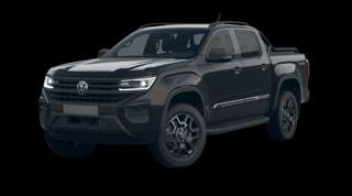 Schräge Frontansicht auf einen Volkswagen Amarok Dark Label, freigestellt