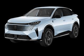 Schräge Frontansicht auf einen Peugeot e-3008 GT, freigestellt