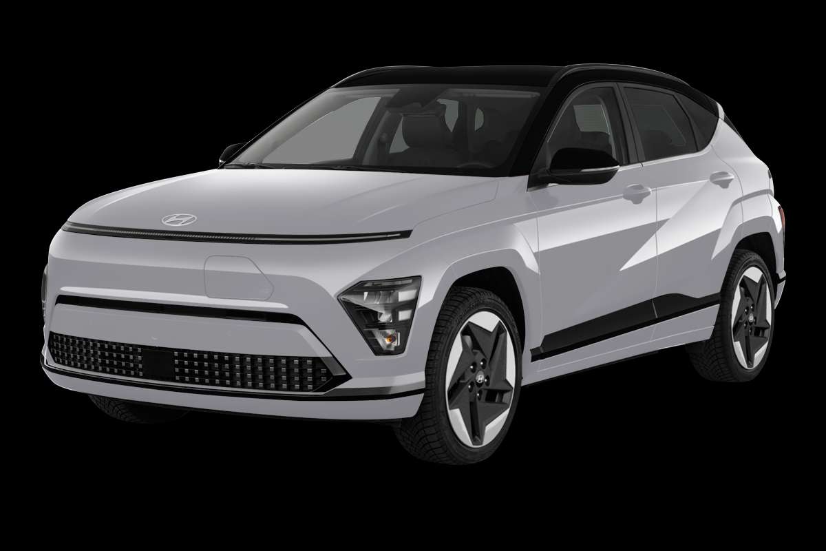 Schräge Frontansicht eines Hyundai Kona Elektro, freigestellt