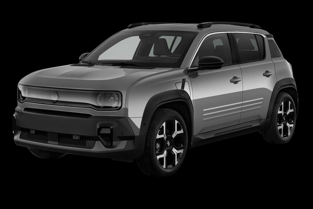 Schräge Frontansicht eines Renault 4 E-TECH, freigestellt