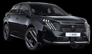 Schräge Frontansicht auf einen Peugeot e-3008 GT Exclusive, freigestellt