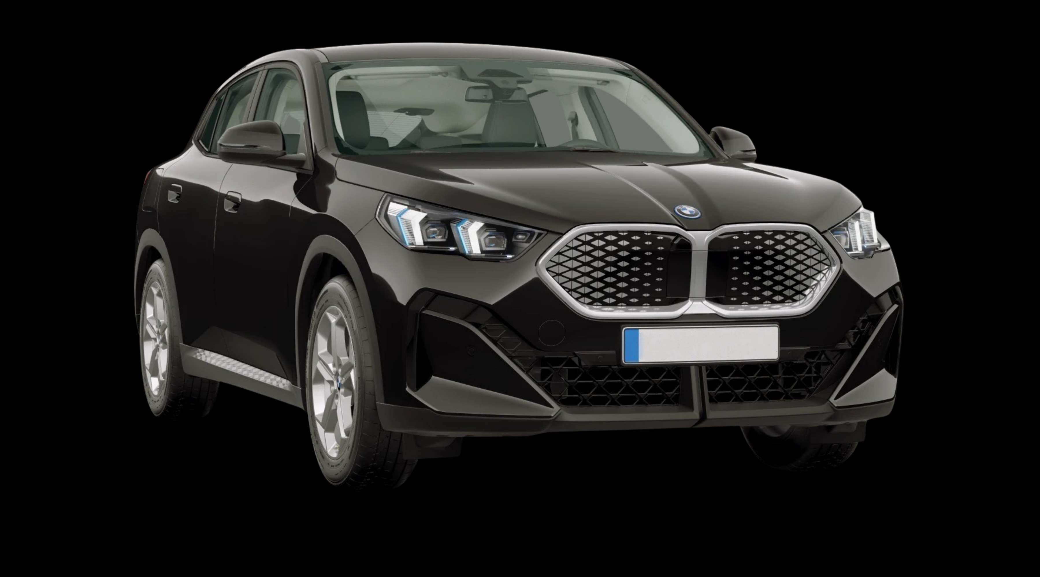Schräge Frontansicht eines BMW iX2, freigestellt