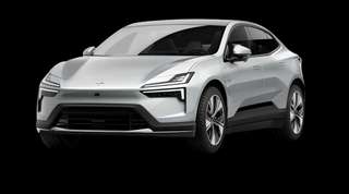 Schräge Frontansicht auf einen Polestar 4 coupé Business, freigestellt