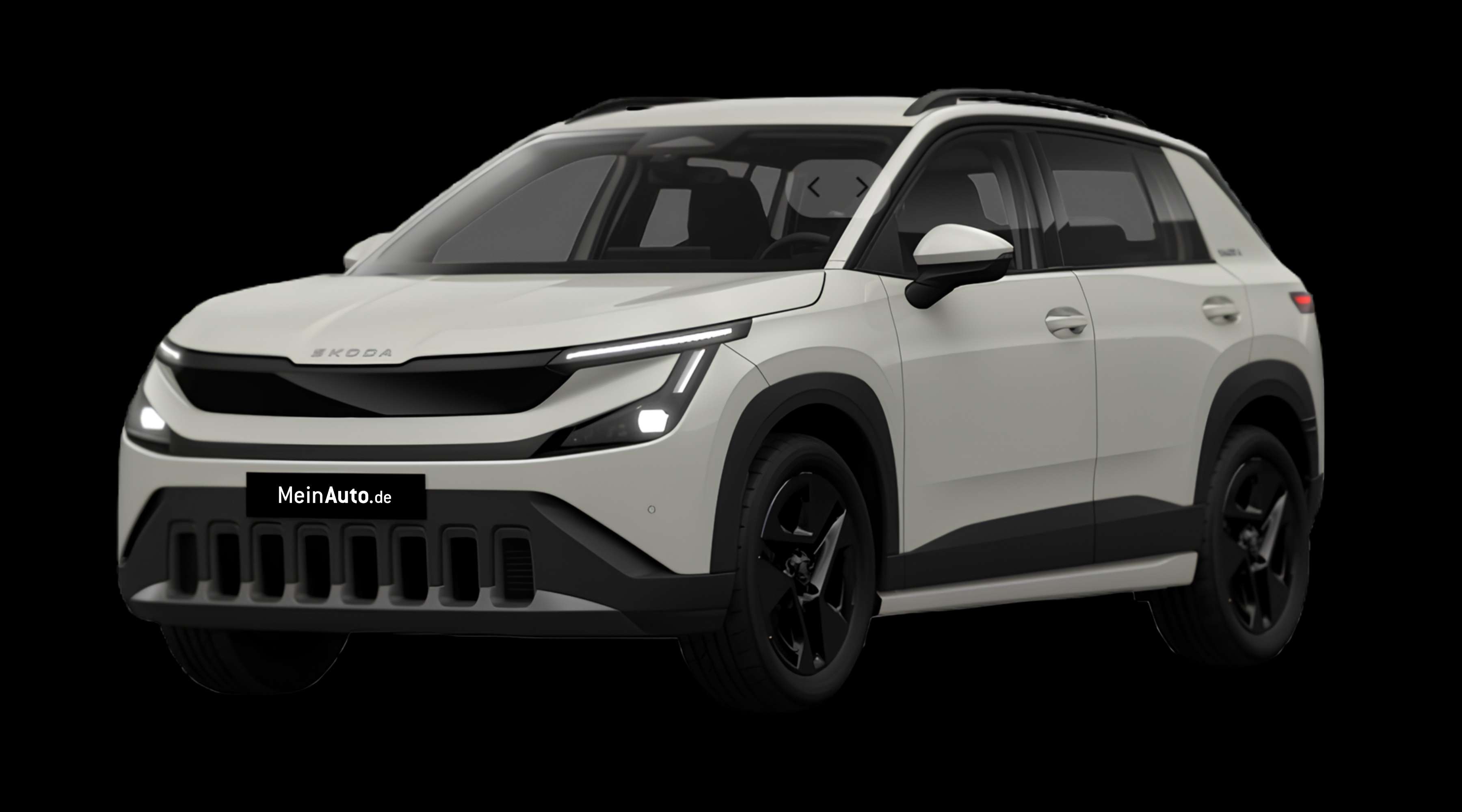 Schräge Frontansicht eines Skoda Epiq, freigestellt