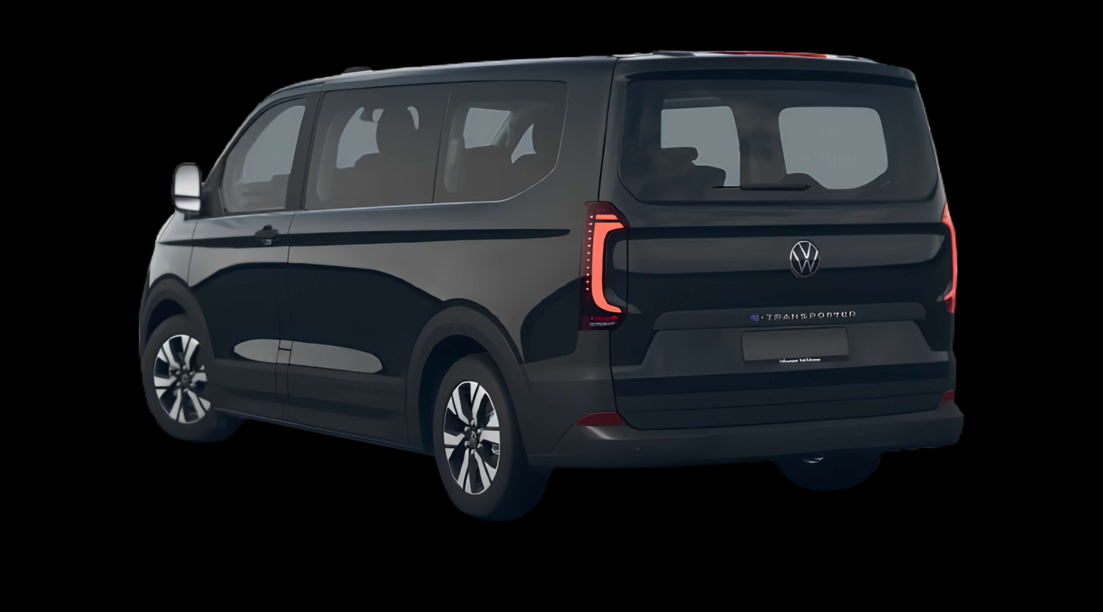 Schräge Heckansicht eines Volkswagen e-Transporter, freigestellt
