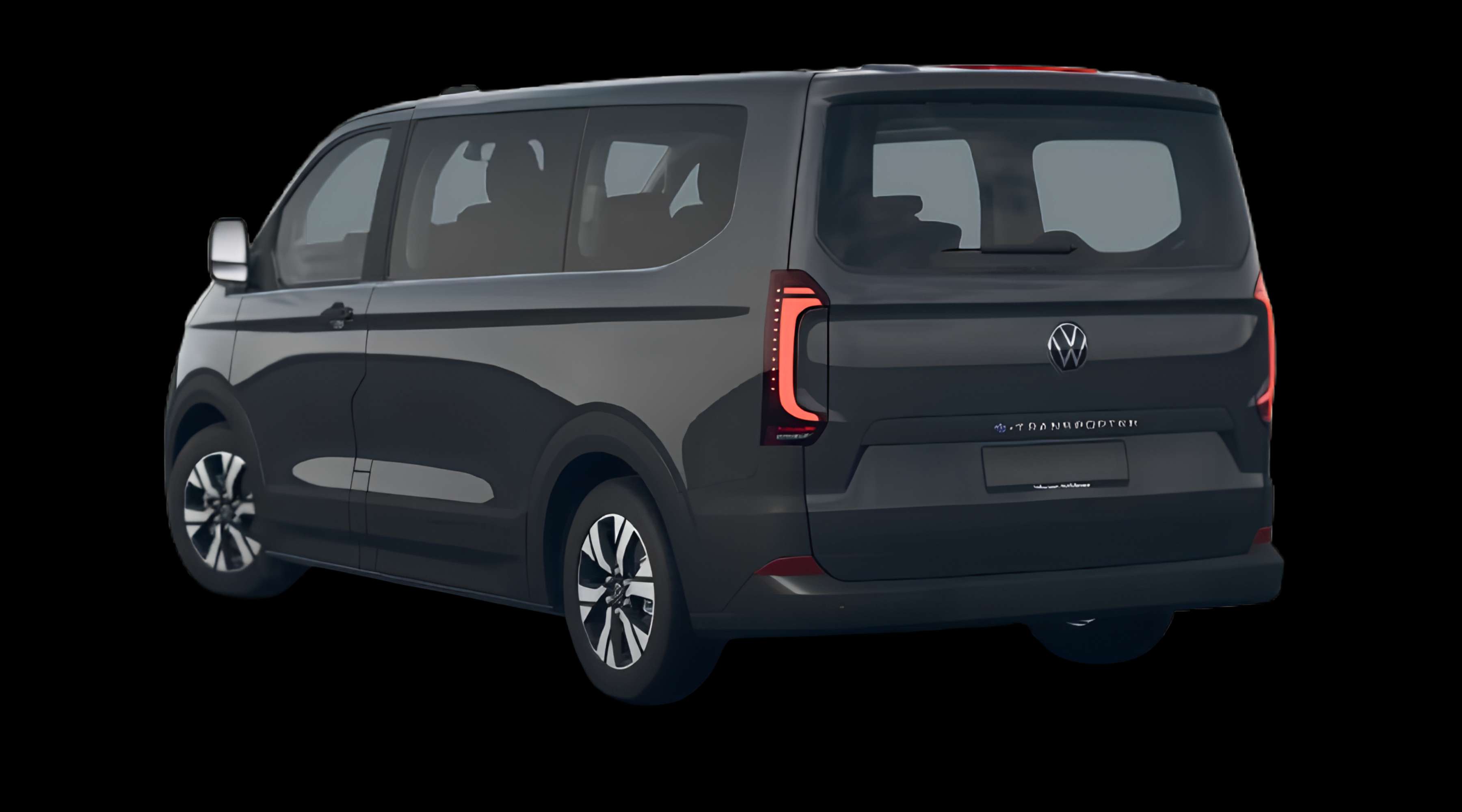 Schräge Heckansicht eines Volkswagen e-Transporter, freigestellt