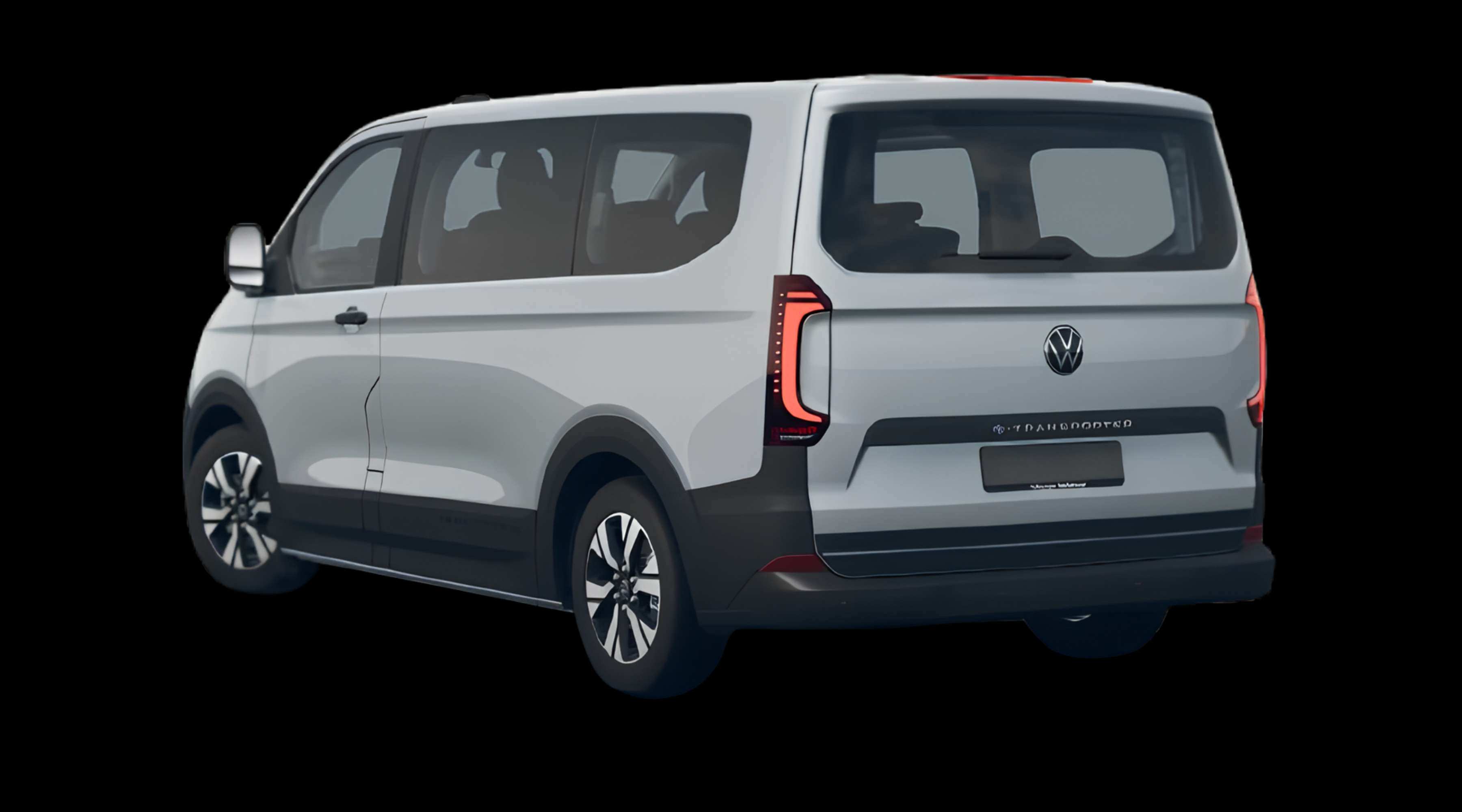 Schräge Heckansicht eines Volkswagen e-Transporter, freigestellt