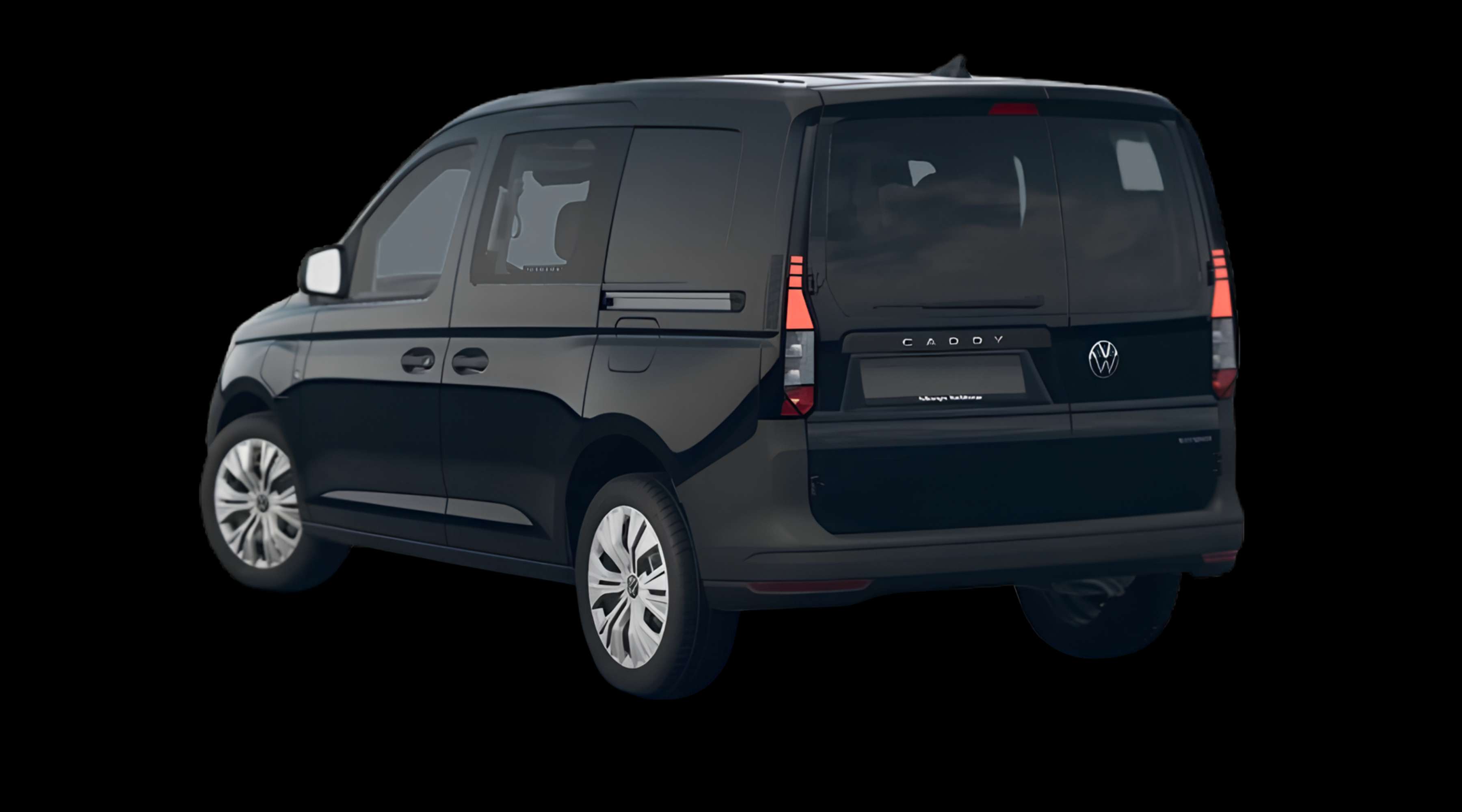 Schräge Heckansicht eines Volkswagen Caddy, freigestellt
