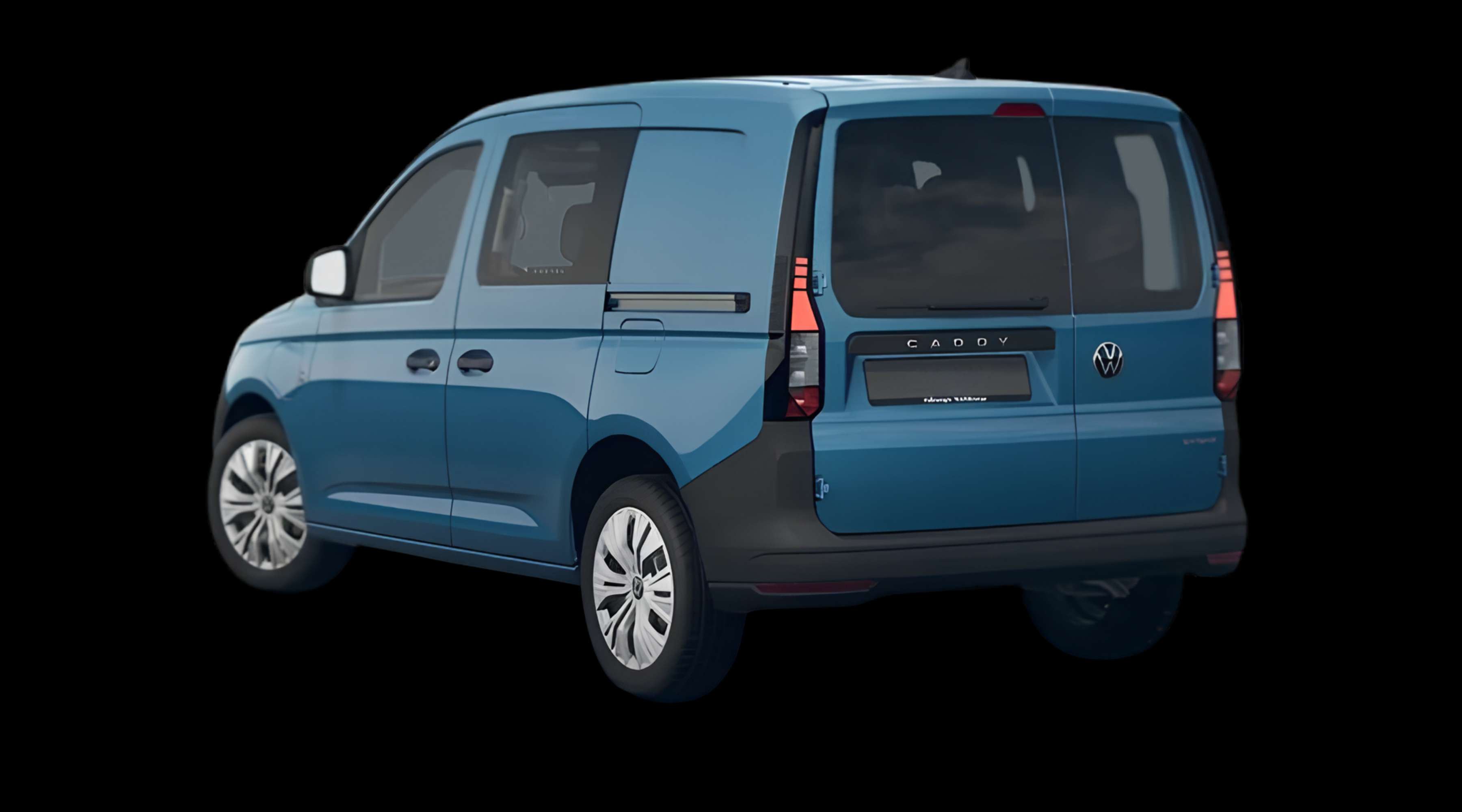 Schräge Heckansicht eines Volkswagen Caddy, freigestellt