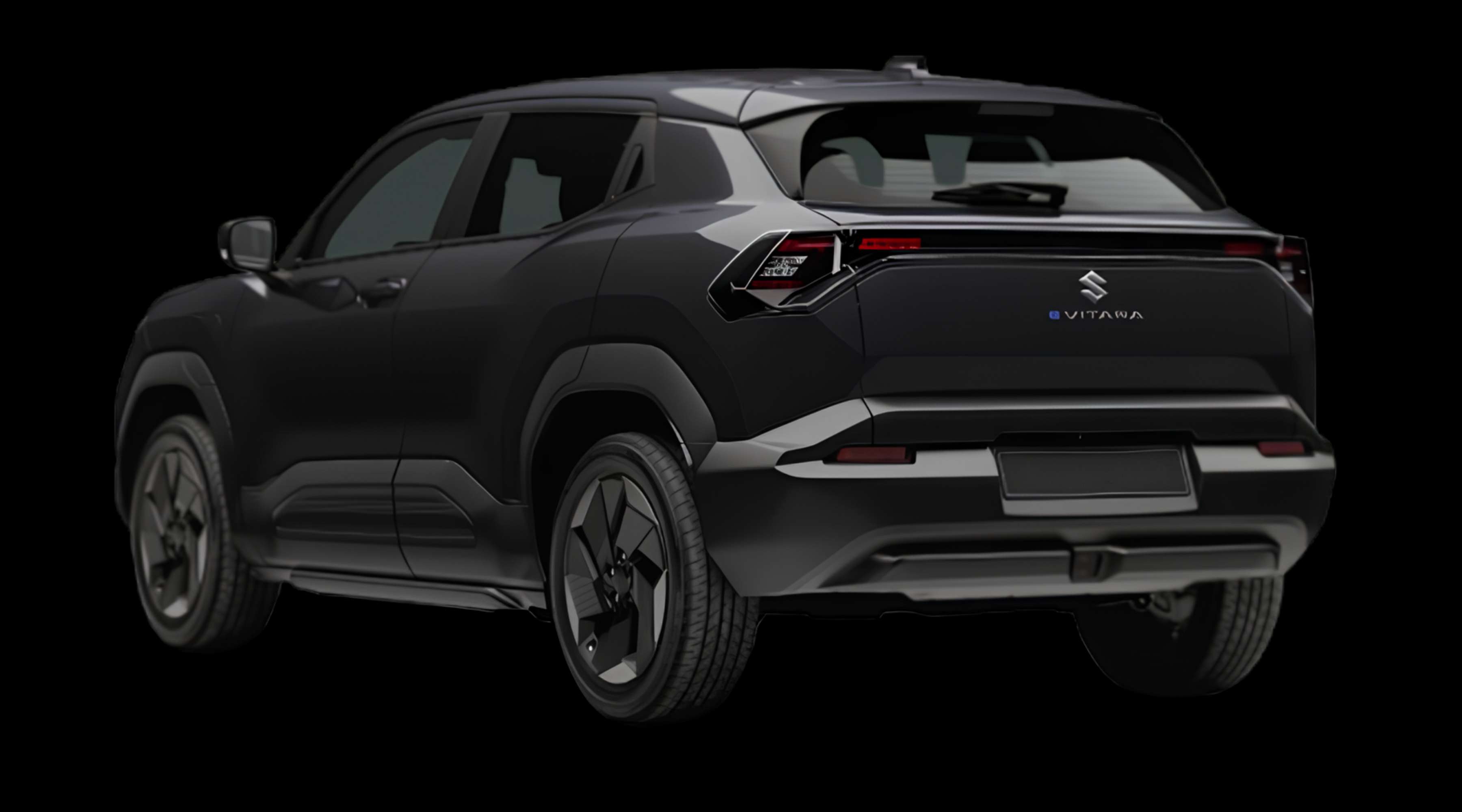 Schräge Heckansicht eines Suzuki e Vitara, freigestellt