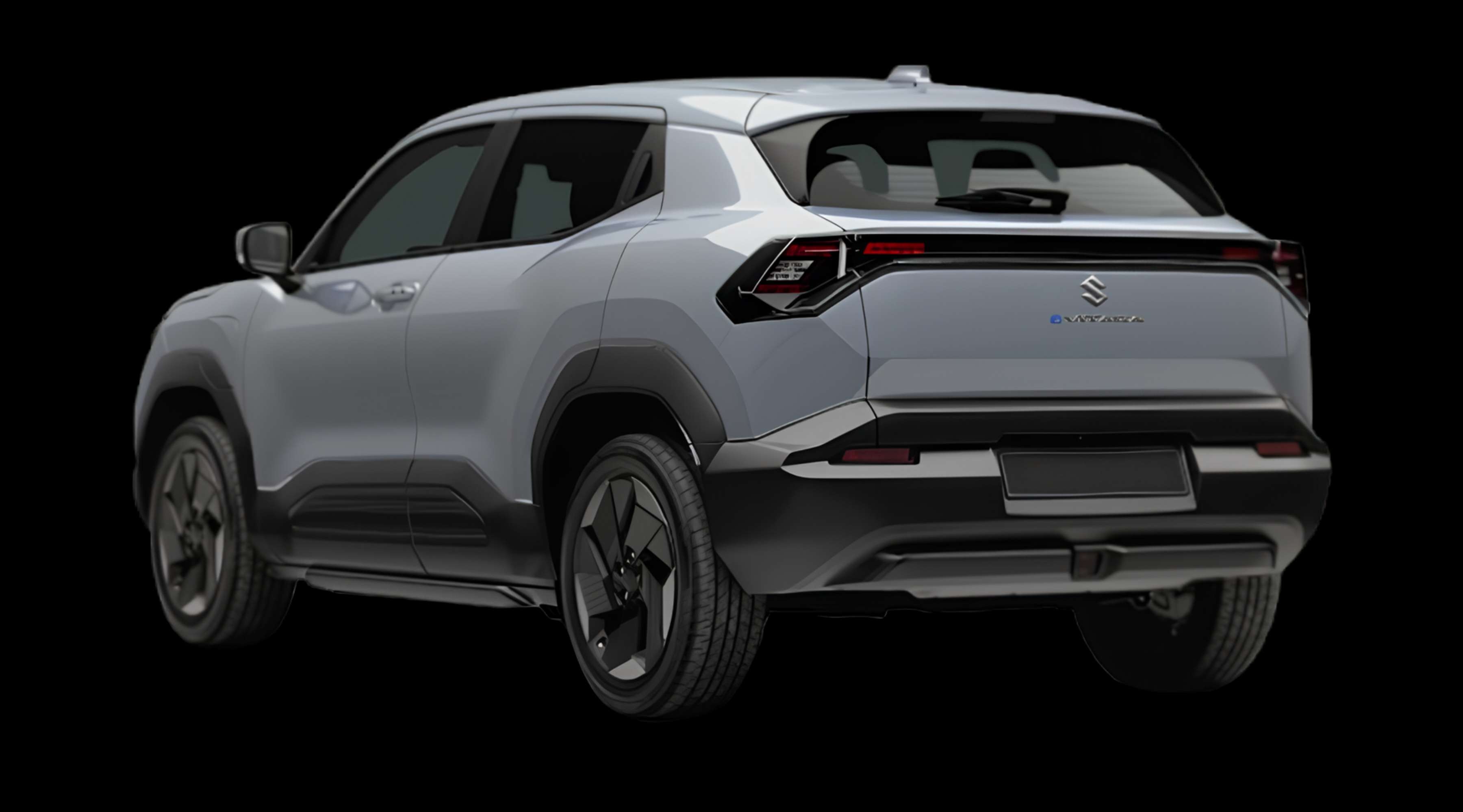 Schräge Heckansicht eines Suzuki e Vitara, freigestellt