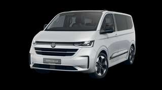 Schräge Frontansicht auf einen Volkswagen e-Caravelle Edition, freigestellt