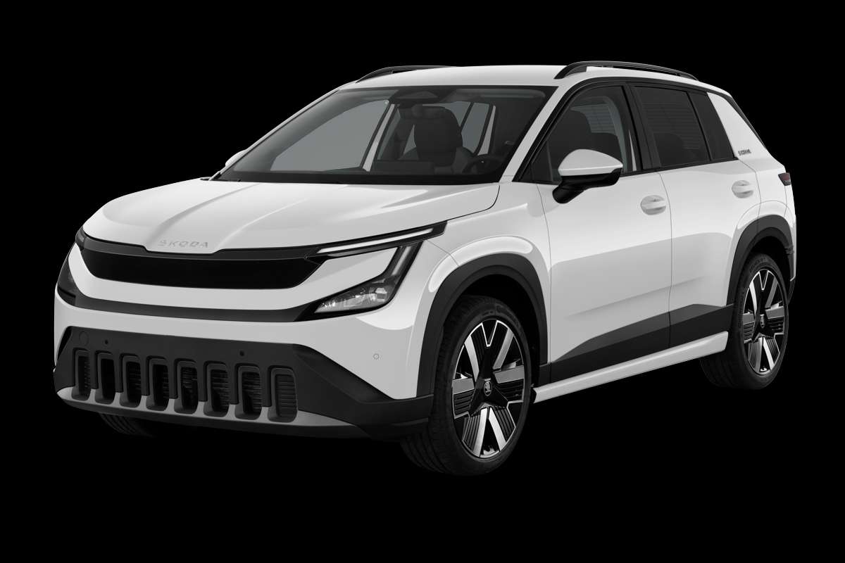 Schräge Frontansicht eines Skoda Epiq, freigestellt