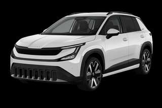 Schräge Frontansicht auf einen Skoda Epiq Essence, freigestellt