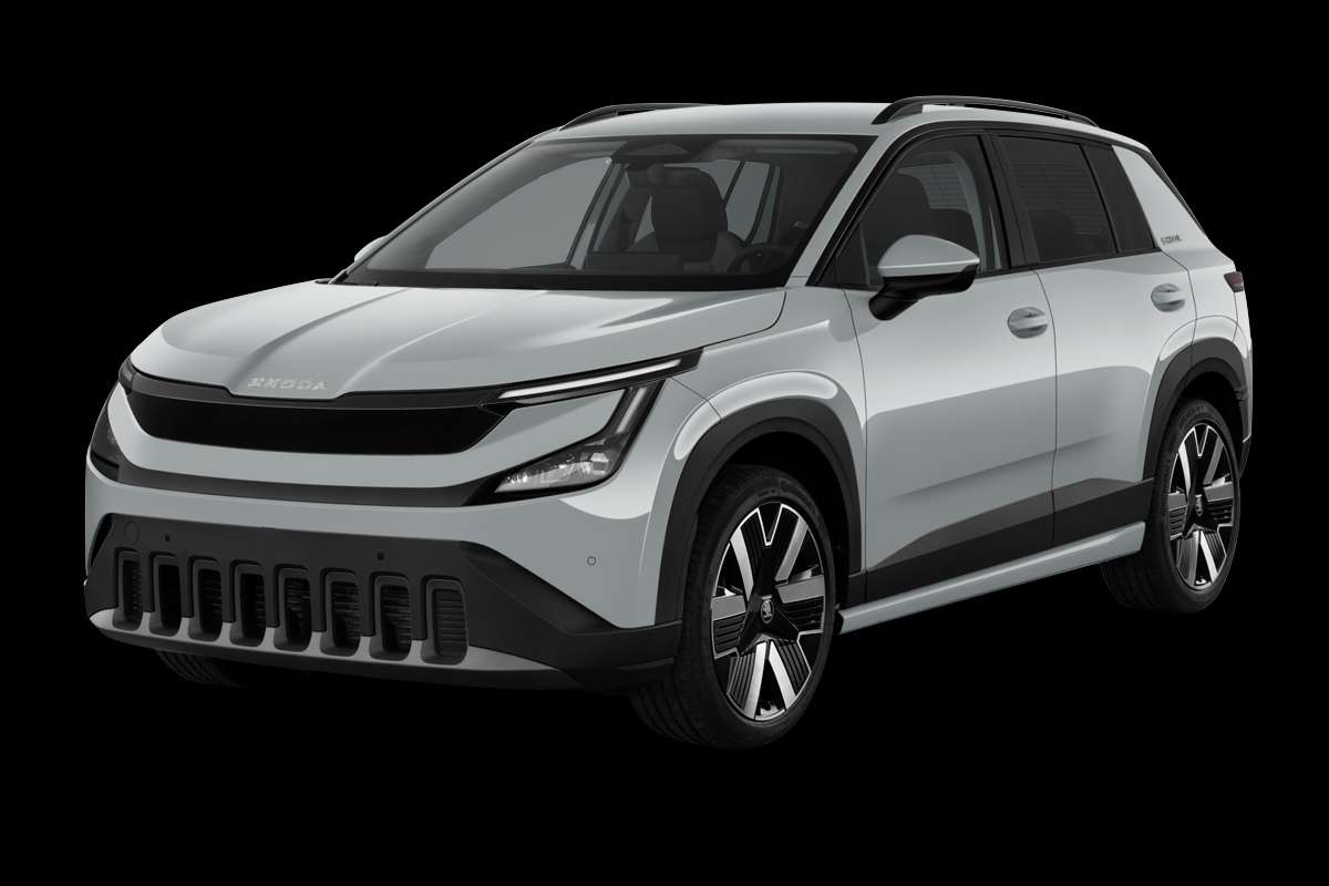 Schräge Frontansicht eines Skoda Epiq, freigestellt