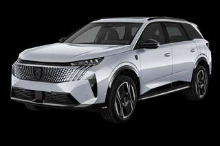 Schräge Frontansicht auf einen Peugeot e-5008 GT Exclusive, freigestellt