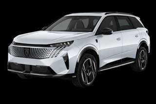 Schräge Frontansicht auf einen Peugeot e-5008 GT Exclusive, freigestellt