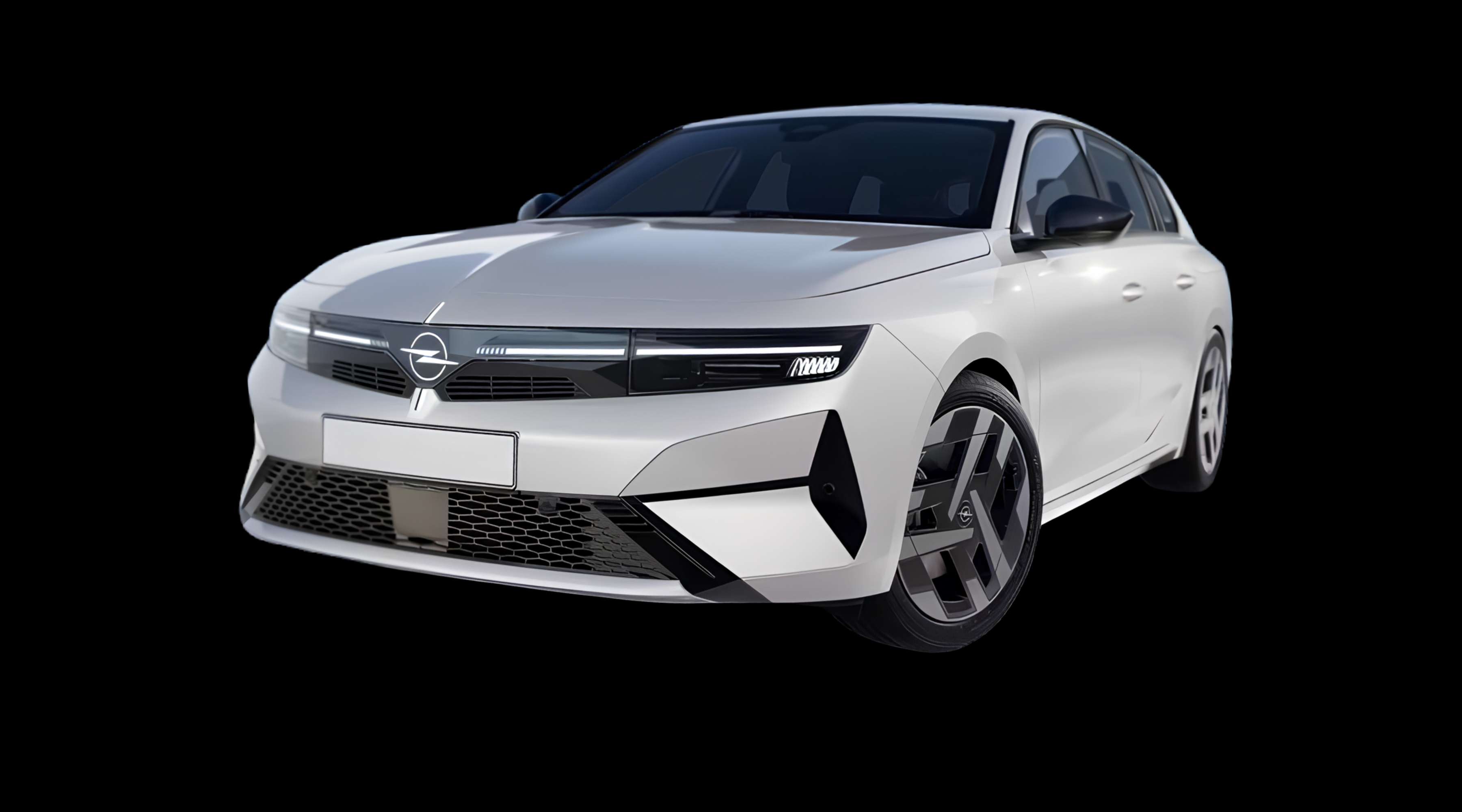 Schräge Frontansicht eines Opel Astra Electric, freigestellt