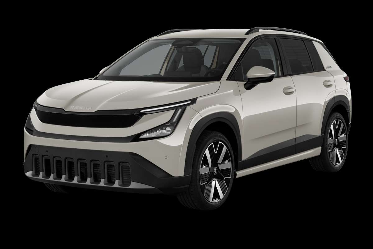 Schräge Frontansicht eines Skoda Epiq, freigestellt