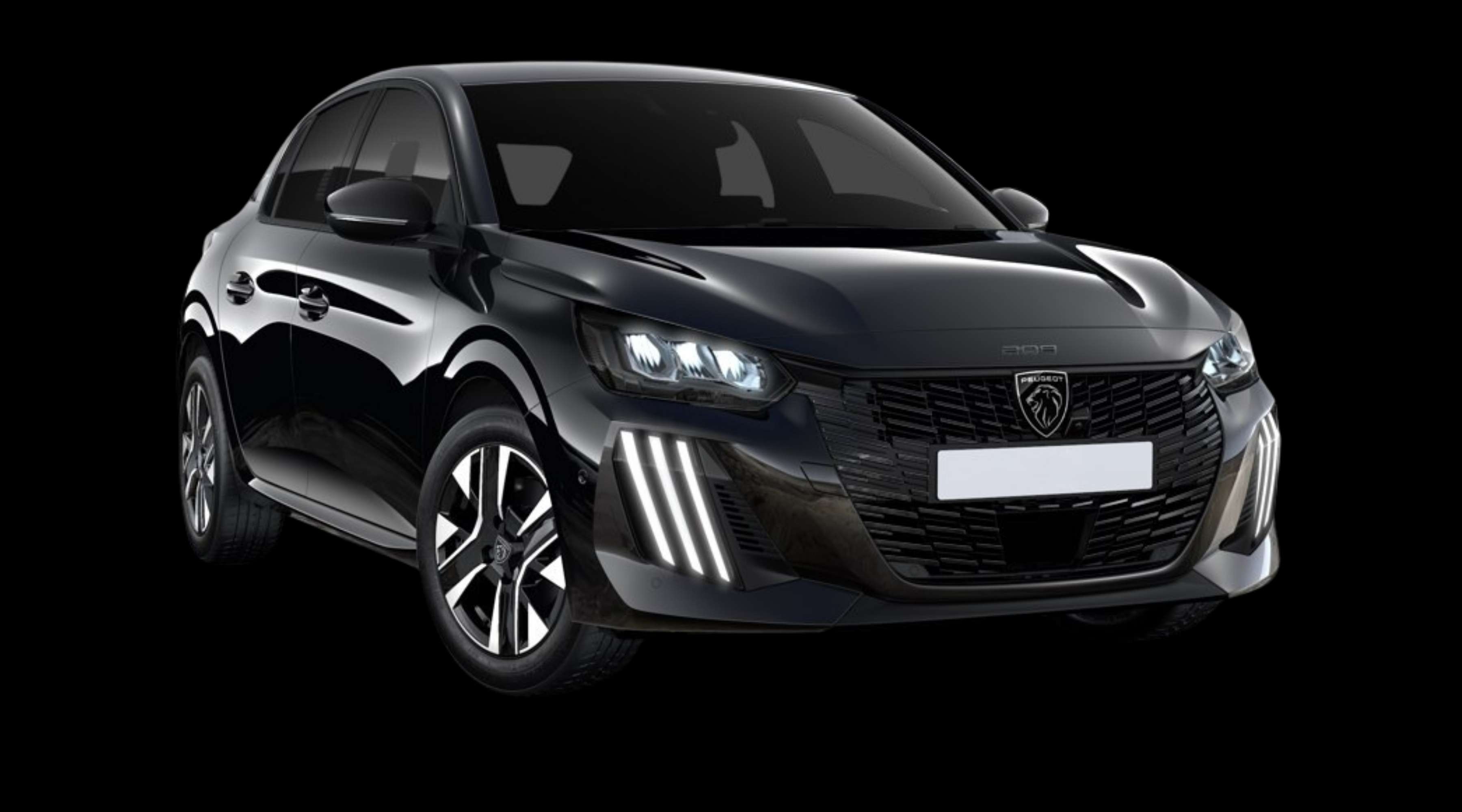 Schräge Frontansicht eines Peugeot 208, freigestellt