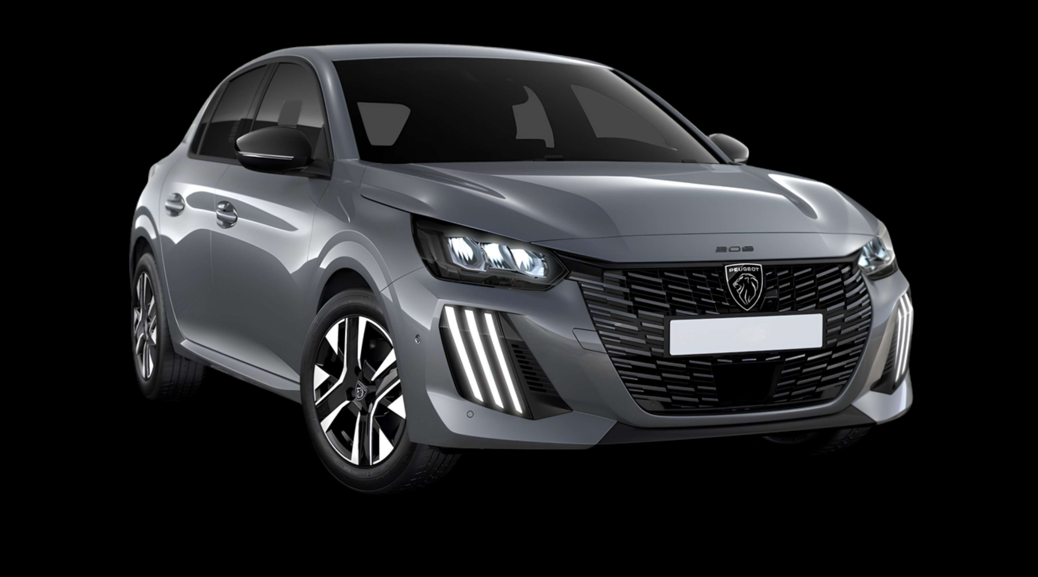 Schräge Frontansicht eines Peugeot 208, freigestellt