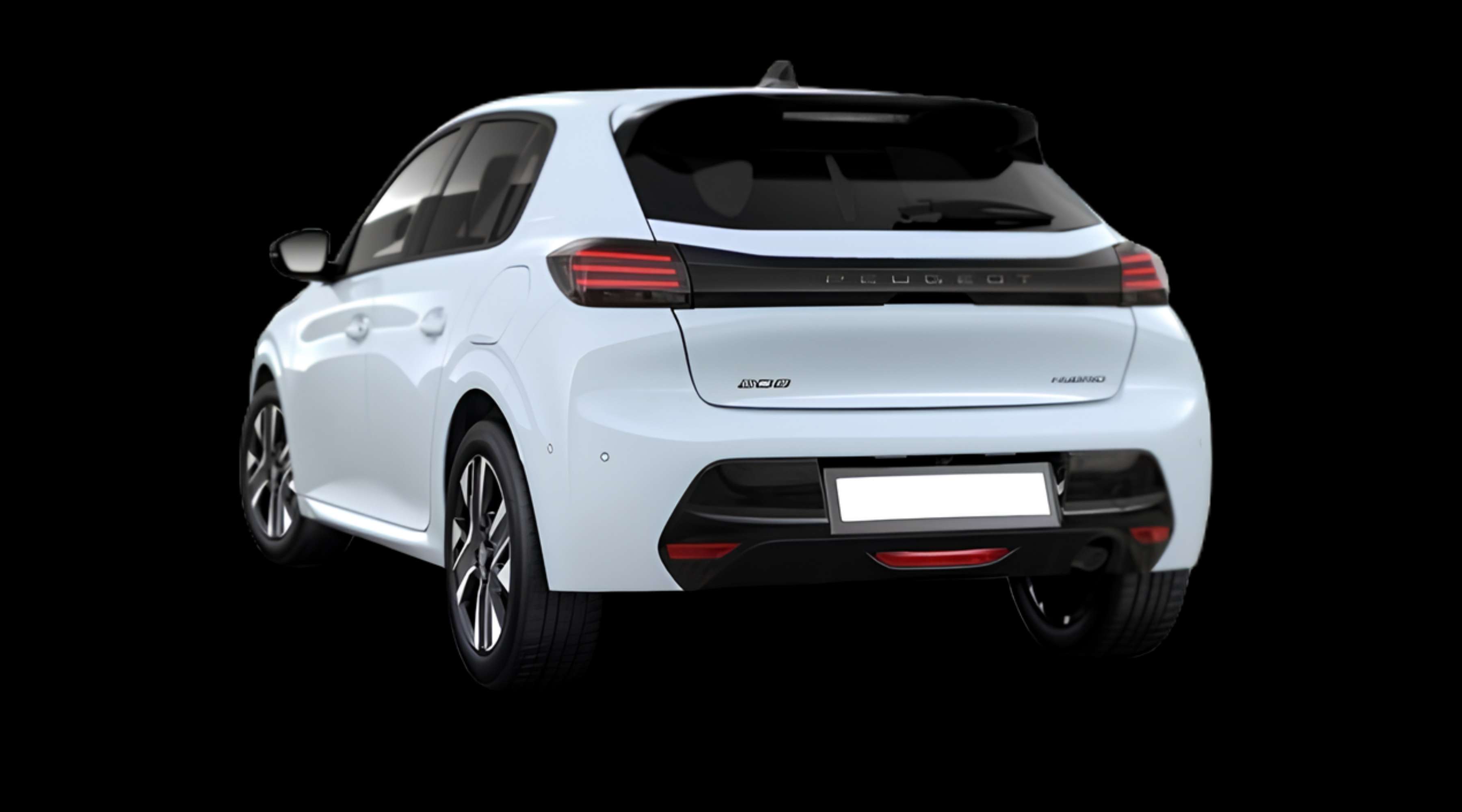 Schräge Heckansicht eines Peugeot 208, freigestellt