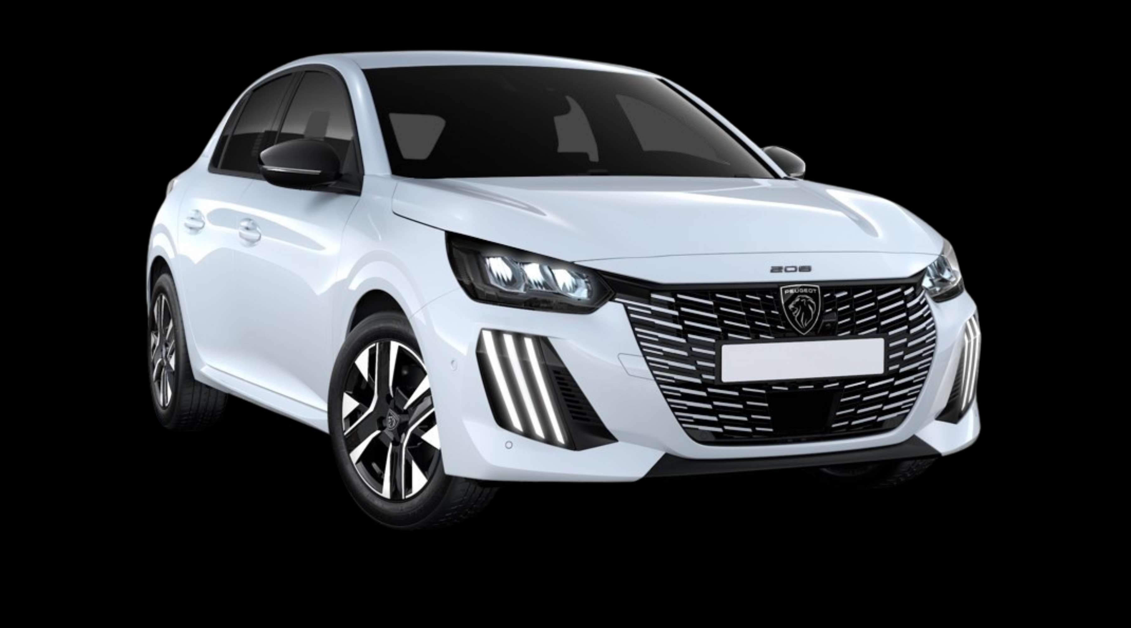 Schräge Frontansicht eines Peugeot 208, freigestellt