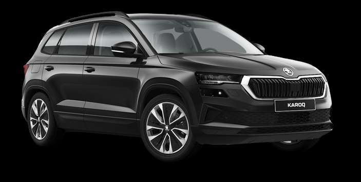 Schräge Frontansicht auf einen Skoda Karoq, freigestellt