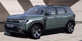 Schräge Frontansicht auf einen Dacia Duster , freigestellt