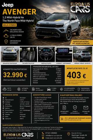 Schräge Frontansicht auf einen Jeep Avenger , freigestellt